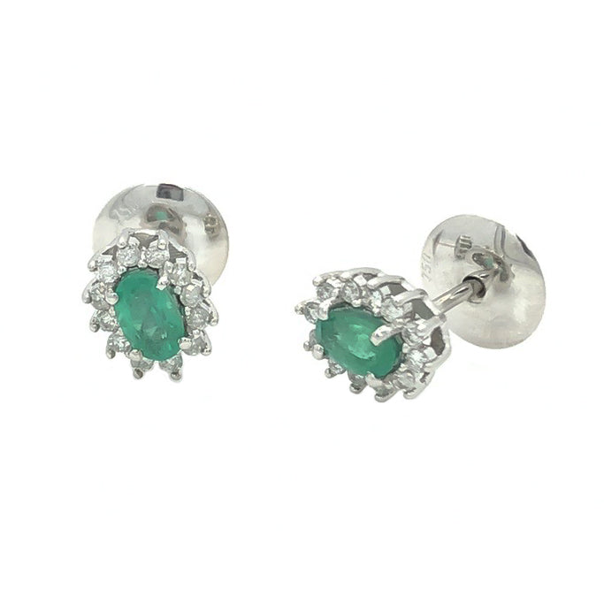 Brinco em Ouro Ovais Cravejados com Diamantes Brancos e Esmeralda Princess
