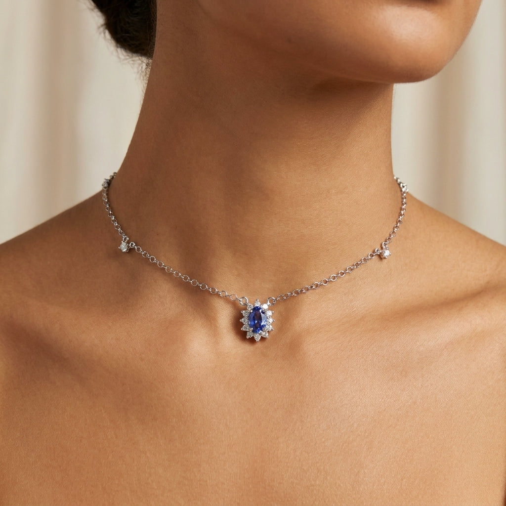 Gargantilha em Ouro Oval Cravejada com Diamantes Brancos e Tanzanita