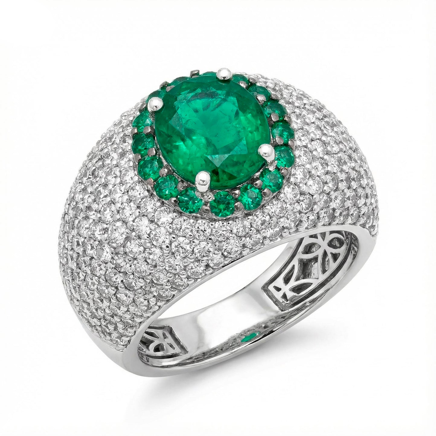 Anel em Ouro com Pave Diamantes e Esmeralda