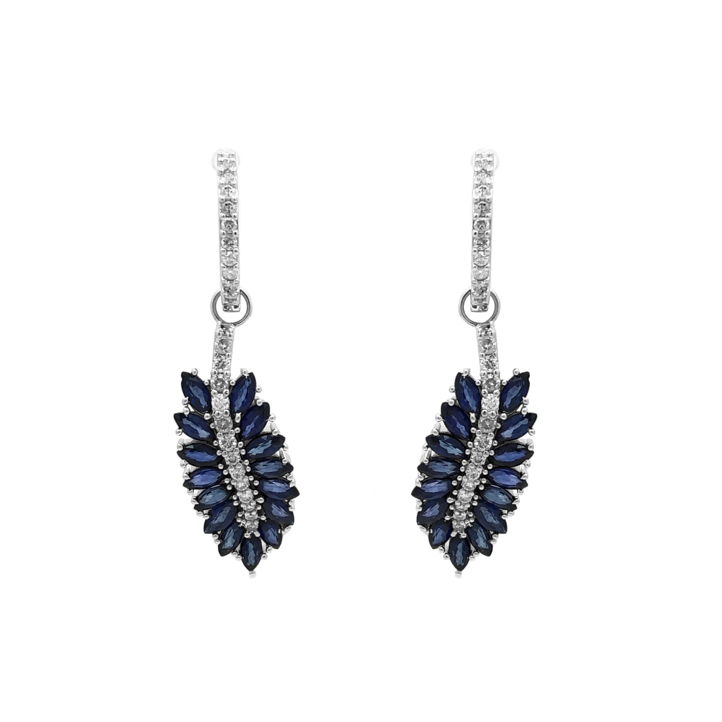 Brinco Ouro Argola Cravejado com Diamantes e Folhas de Safira