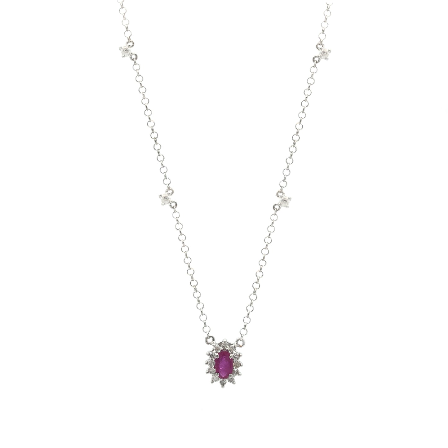 Gargantilha em Ouro Oval Cravejada com Diamantes Brancos e Rubi Oval No Centro
