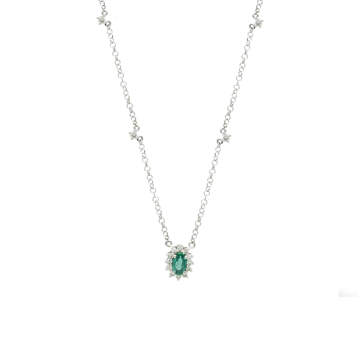 Gargantilha em Ouro Oval Cravejada com Diamantes Brancos e Esmeralda