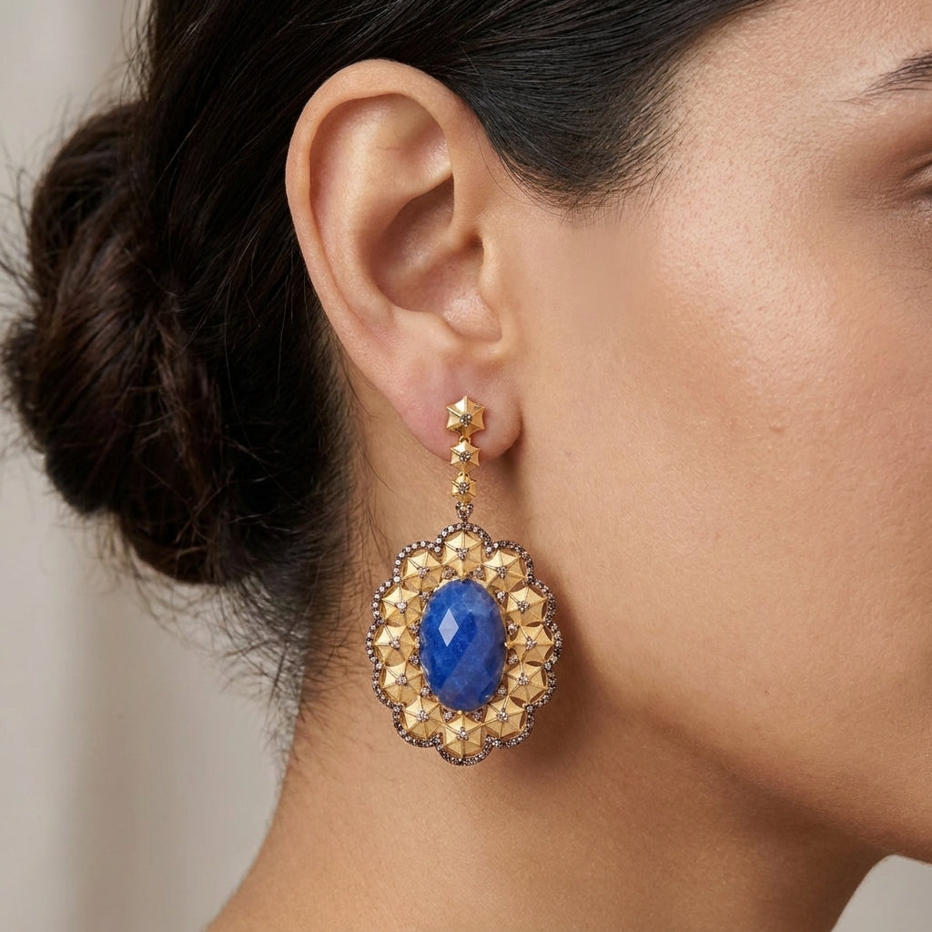 Brinco em Ouro com Diamante Chocolate e Lapis Lazuli Paris La Belle